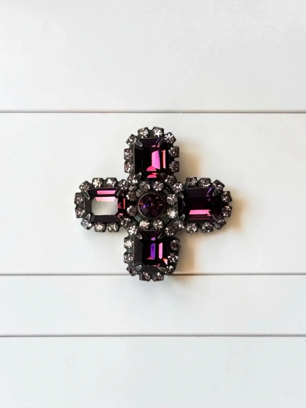 Liz Palacios Purple Rhinestone Cross Brooch Pin Vintage Style Statement Jewelry
